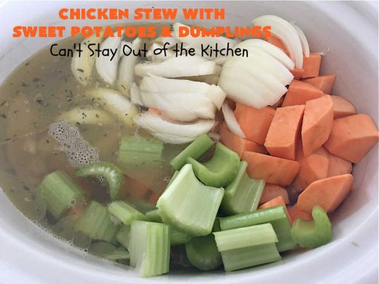 Chicken Stew with Sweet Potatoes and Dumplings | Can't Stay Out of the Kitchen | this delightful #ChickenStew is one of the best comfort food #recipes ever. #SweetPotatoes & #MixedVegetables are complemented with some of the most irresistible #dumplings. It's a great main dish for family or company dinners. #ChickenStewWithSweetPotatoesAndDumplings