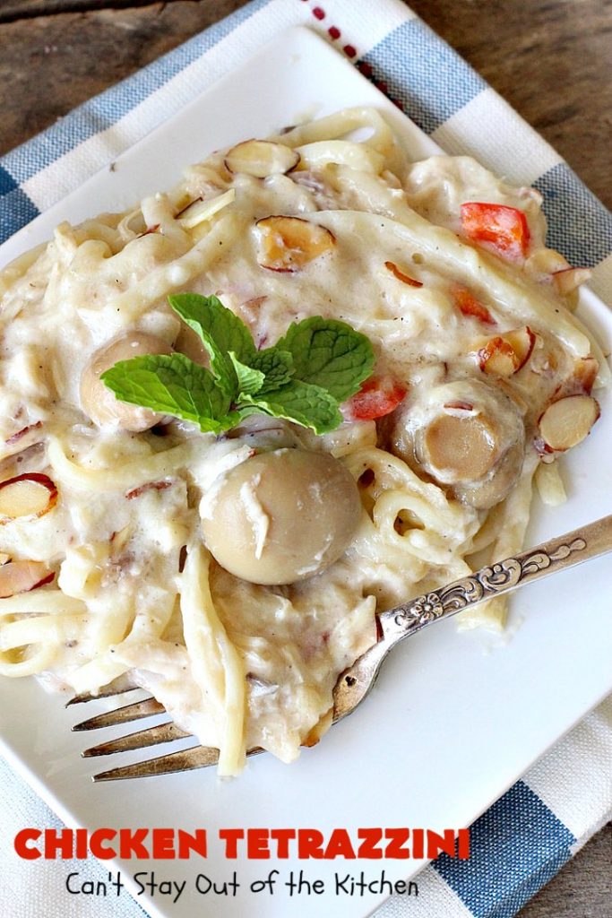 Chicken Tetrazzini | Can't Stay Out of the Kitchen | This #pasta entree is absolutely amazing. It has a thick, creamy, cheesy sauce that' so wonderfully mouthwatering. It's the perfect #chicken dish for company, too. #mushrooms #almonds #mozzarella #parmesan #linguine