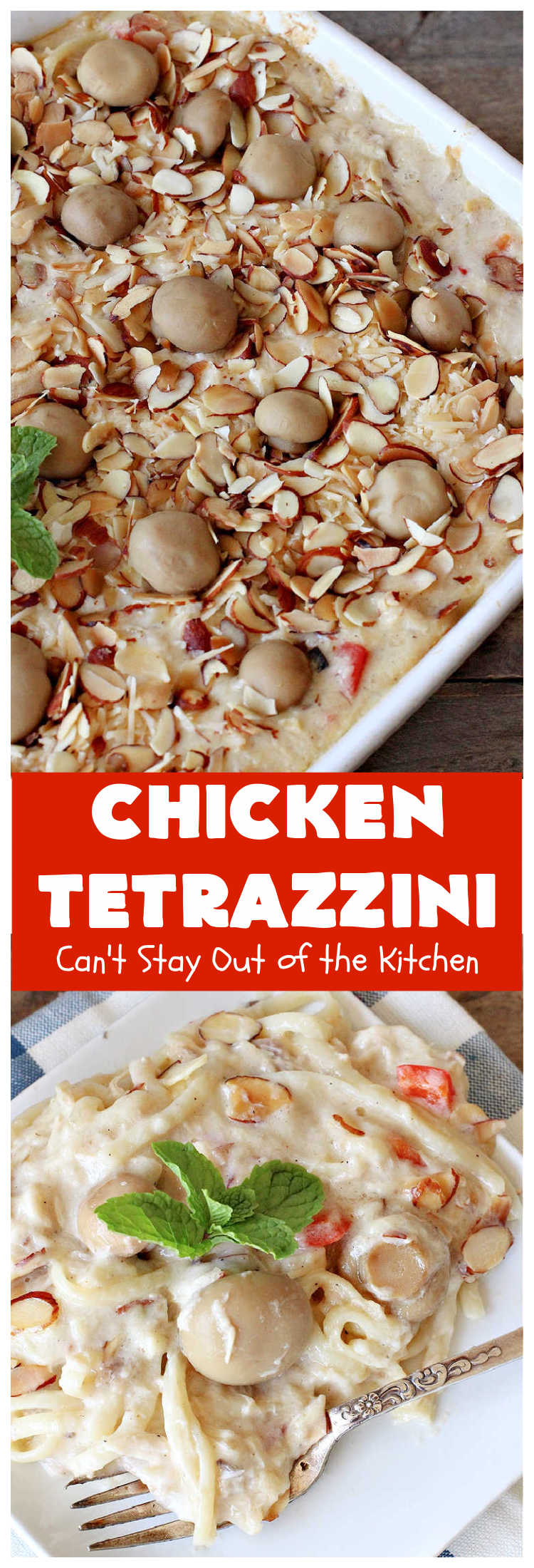 Chicken Tetrazzini | Can't Stay Out of the Kitchen | This #pasta entree is absolutely amazing. It has a thick, creamy, cheesy sauce that' so wonderfully mouthwatering. It's the perfect #chicken dish for company, too. #mushrooms #almonds #mozzarella #parmesan #linguine #ChickenTetrazzini