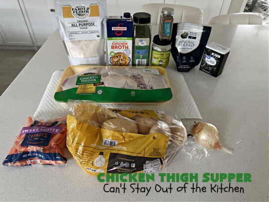 Chicken Thigh Supper | Can't Stay Out of the Kitchen | this fantastic #ChickenThighSupper is a #OneDishMeal that's sure to please everyone. It includes #ChickenThighs, #carrots & #potatoes in a delicious #gravy seasoned with #thyme & #parsley. Every savory bite is sumptuous & mouthwatering. #chicken #ChickenAndGravy