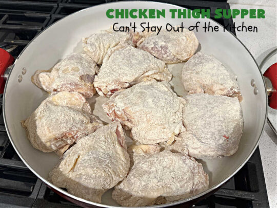 Chicken Thigh Supper | Can't Stay Out of the Kitchen | this fantastic #ChickenThighSupper is a #OneDishMeal that's sure to please everyone. It includes #ChickenThighs, #carrots & #potatoes in a delicious #gravy seasoned with #thyme & #parsley. Every savory bite is sumptuous & mouthwatering. #chicken #ChickenAndGravy