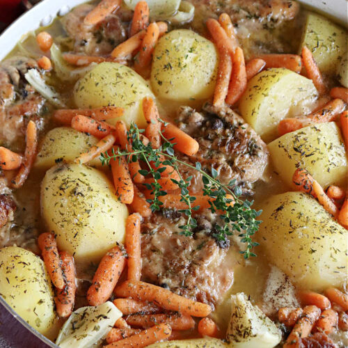 Chicken Thigh Supper | Can't Stay Out of the Kitchen | this fantastic #ChickenThighSupper is a #OneDishMeal that's sure to please everyone. It includes #ChickenThighs, #carrots & #potatoes in a delicious #gravy seasoned with #thyme & #parsley. Every savory bite is sumptuous & mouthwatering. #chicken #ChickenAndGravy