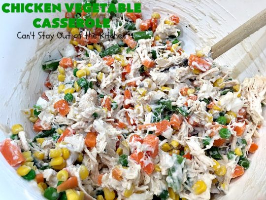 Chicken Vegetable Casserole | Can't Stay Out of the Kitchen | this #chicken #casserole is a delicious one-dish meal for busy week night dinners. We found it sumptuous as well as economical! Great way to use up leftover #RotisserieChicken too. #ChickenCasserole #ChickenVegetableCasserole #CheddarCheese #MixedVegetables
