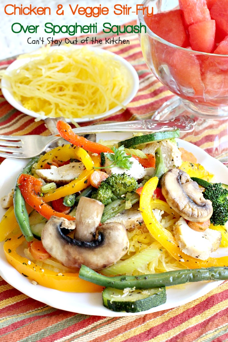 Chicken and Veggie Stir-Fry Over Spaghetti Squash | Can't Stay Out of the Kitchen