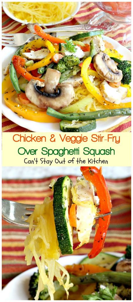Chicken and Veggie Stir Fry Over Spaghetti Squash | Can't Stay Out of the Kitchen