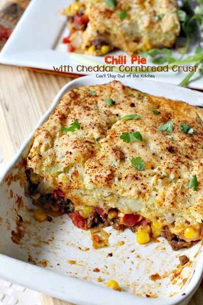 Chili Pie with Cheddar Cornbread Crust | Can't Stay Out of the Kitchen | fabulous "Tex-Mex #maindish that's like eating #chili and #cornbread together in #casserole form. It's absolutely wonderful. #glutenfree