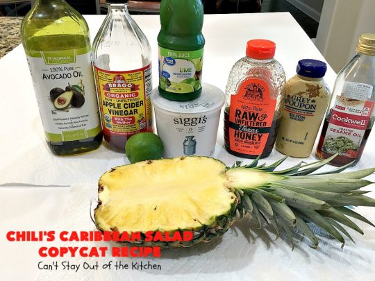 Chili's Caribbean Salad Copycat Recipe with Honey-Lime Dressing | Can't Stay Out of the Kitchen | this is a spectacular #CopyCat #recipe of this favorite #salad. The #SaladDressing is also fantastic. #GlutenFree #chicken #pineapple #MandarinOranges #HoneyLimeDressing #ChilisCaribbeanSalad #ChilisCaribbeanSaladCopycatRecipeWithHoneyLimeDressing