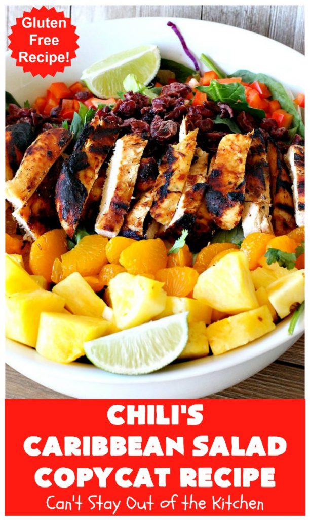 Chili's Caribbean Salad Copycat Recipe with Honey-Lime Dressing | Can't Stay Out of the Kitchen | this is a spectacular #CopyCat #recipe of this favorite #salad. The #SaladDressing is also fantastic. #GlutenFree #chicken #pineapple #MandarinOranges #HoneyLimeDressing #ChilisCaribbeanSalad #ChilisCaribbeanSaladCopycatRecipeWithHoneyLimeDressing