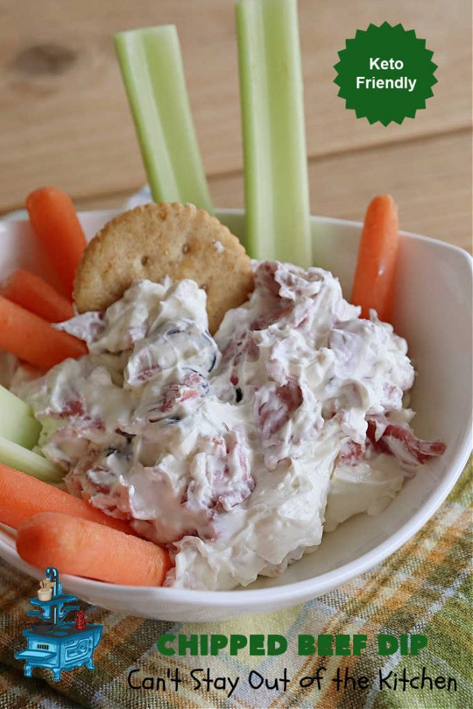 Chipped Beef Dip | Can't Stay Out of the Kitchen | this #Keto-friendly #appetizer is marvelous for #tailgating parties & potlucks. It's also great for sporting events like the #SuperBowl, #MarchMadness, #NBAFinals or the #StanleyCupFinals! It's quick & easy to toss together & is served at room temperature. This 5-ingredient #recipe is wonderful on crackers or Bagel Chips or served with fresh veggies. #GlutenFree #ChippedBeefDip