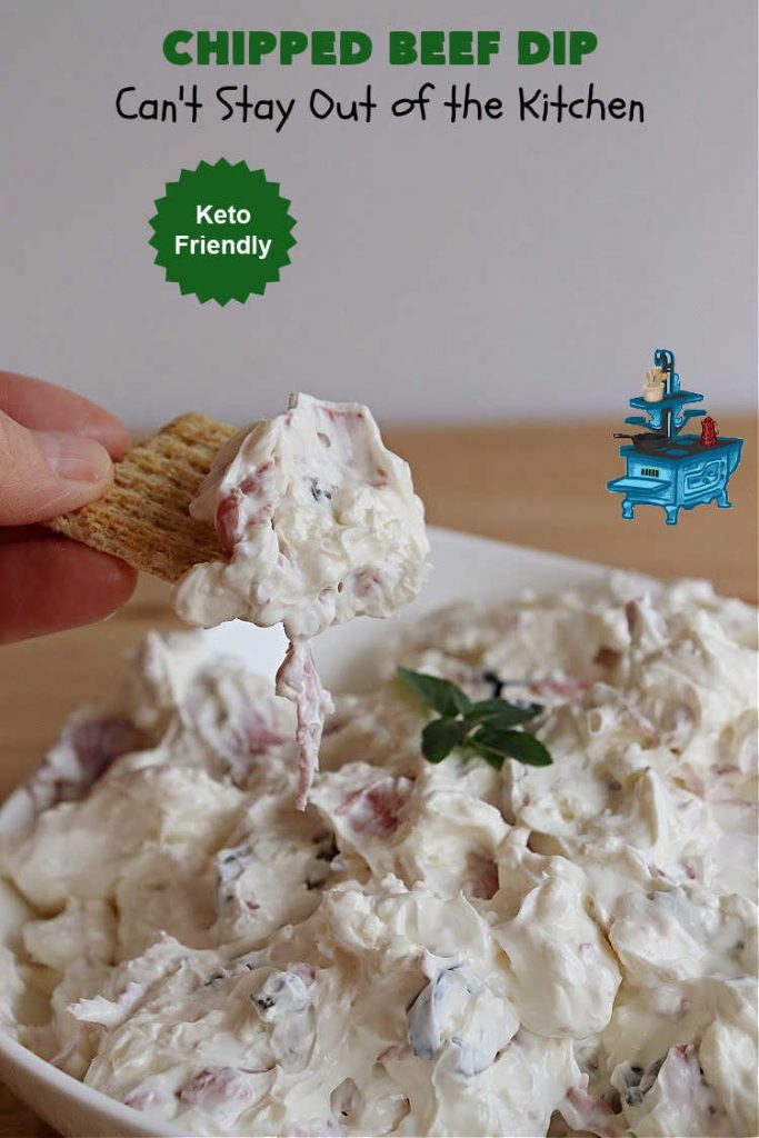 Chipped Beef Dip | Can't Stay Out of the Kitchen | this #Keto-friendly #appetizer is marvelous for #tailgating parties & potlucks. It's also great for sporting events like the #SuperBowl, #MarchMadness, #NBAFinals or the #StanleyCupFinals! It's quick & easy to toss together & is served at room temperature. This 5-ingredient #recipe is wonderful on crackers or Bagel Chips or served with fresh veggies. #GlutenFree #ChippedBeefDip