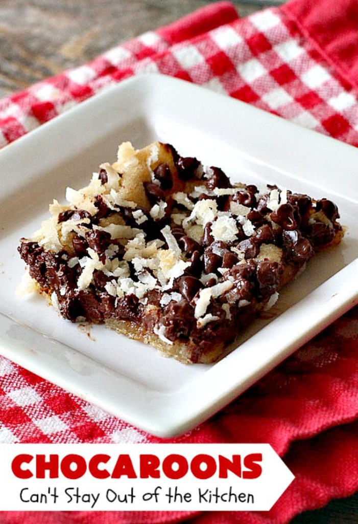 Chocaroons | Can't Stay Out of the Kitchen | these #chocolate & #coconut #brownies will have you drooling after the first bite! So quick & easy, you can have these ready to eat in 30 minutes! Great for #tailgating or #holiday parties. #dessert