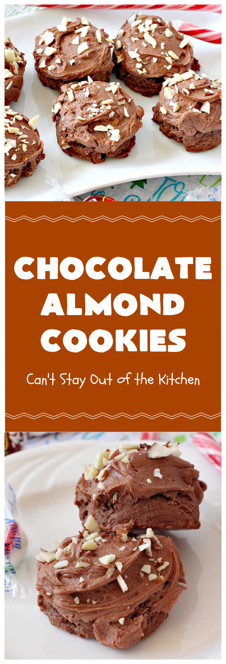 Chocolate Almond Cookies | Can't Stay Out of the Kitchen | these #cookies are divine! Heavenly combination of #chocolate & #almonds in cookie and frosting. #dessert #ChocolateDessert #ChocolateAlmondCookies #holiday #HolidayBaking