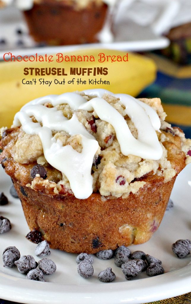 Chocolate Banana Bread Streusel Muffins | Can't Stay Out of the Kitchen | some of the richest, most scrumptious #muffins you'll ever eat. Great for a #holiday #breakfast. These are loaded with #bananas #chocolatechips #pecans. 