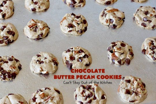 Chocolate Butter Pecan Cookies | Can't Stay Out of the Kitchen | these 5-ingredient #cookies are absolutely irresistible! They're made with #pecans, #ButterPecan #CakeMix & loads of #ChocolateChips. Every bite is rich, decadent & heavenly. #tailgating #dessert #ButterPecanDessert #ChocolateDessert #chocolate #ChristmasCookieExchange #ChocolateButterPecanCookies #baking #ChocolateChipCookies #Holiday #HolidayBaking