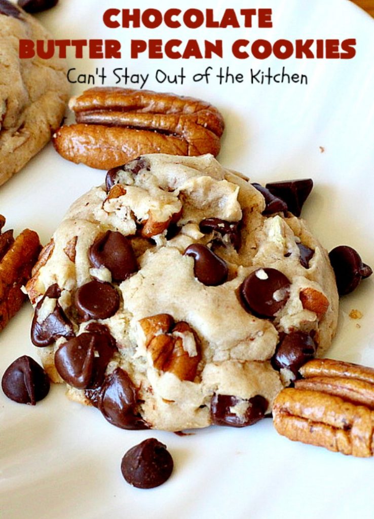 Chocolate Butter Pecan Cookies | Can't Stay Out of the Kitchen | these 5-ingredient #cookies are absolutely irresistible! They're made with #pecans, #ButterPecan #CakeMix & loads of #ChocolateChips. Every bite is rich, decadent & heavenly. #tailgating #dessert #ButterPecanDessert #ChocolateDessert #chocolate #ChristmasCookieExchange #ChocolateButterPecanCookies #baking #ChocolateChipCookies #Holiday #HolidayBaking