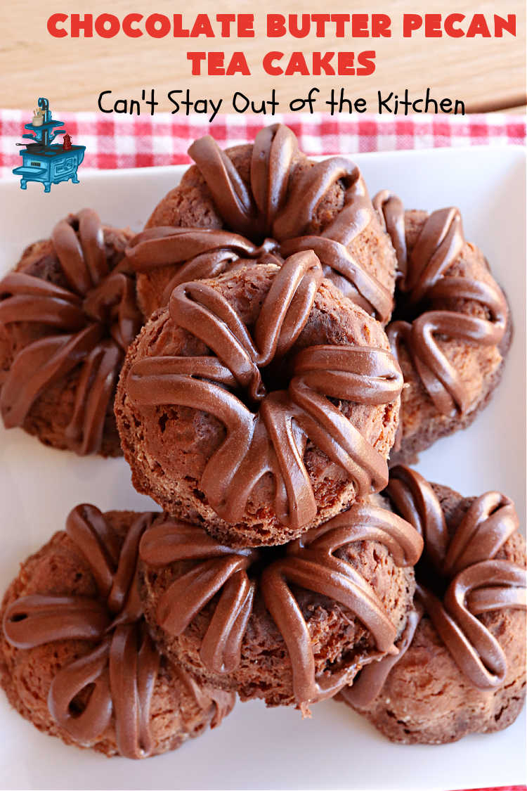 Chocolate Butter Pecan Tea Cakes | Can't Stay Out of the Kitchen | These luscious #TeaCakes include #ButterPecan #CakeMix, #pecans & #ChocolateFrosting in the batter. They're delightful for a #holiday or company #dessert as everyone will swoon over this amazing #ChocolateDessert. #cake #ChocolateButterPecanTeaCakes