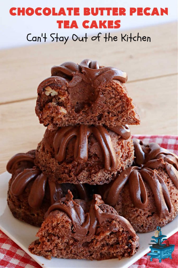 Chocolate Butter Pecan Tea Cakes | Can't Stay Out of the Kitchen | These luscious #TeaCakes include #ButterPecan #CakeMix, #pecans & #ChocolateFrosting in the batter. They're delightful for a #holiday or company #dessert as everyone will swoon over this amazing #ChocolateDessert. #cake #ChocolateButterPecanTeaCakes