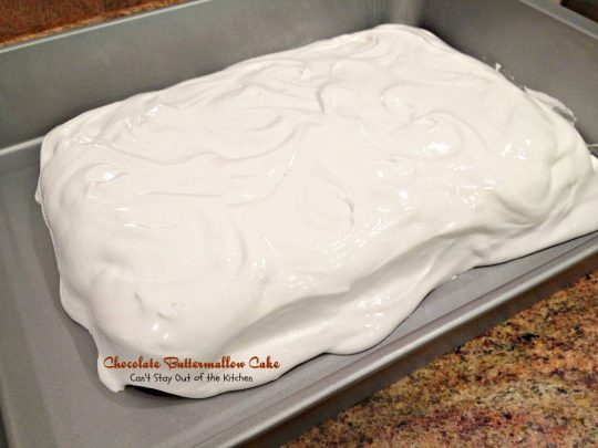 Chocolate Buttermallow Cake | Can't Stay Out of the Kitchen | this luscious #chocolate #cake has a #toffee layer underneath a scrumptious #marshmallow frosting. #dessert