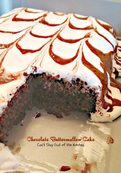 Chocolate Buttermallow Cake | Can't Stay Out of the Kitchen | this luscious #chocolate #cake has a #toffee layer underneath a scrumptious #marshmallow frosting. #dessert