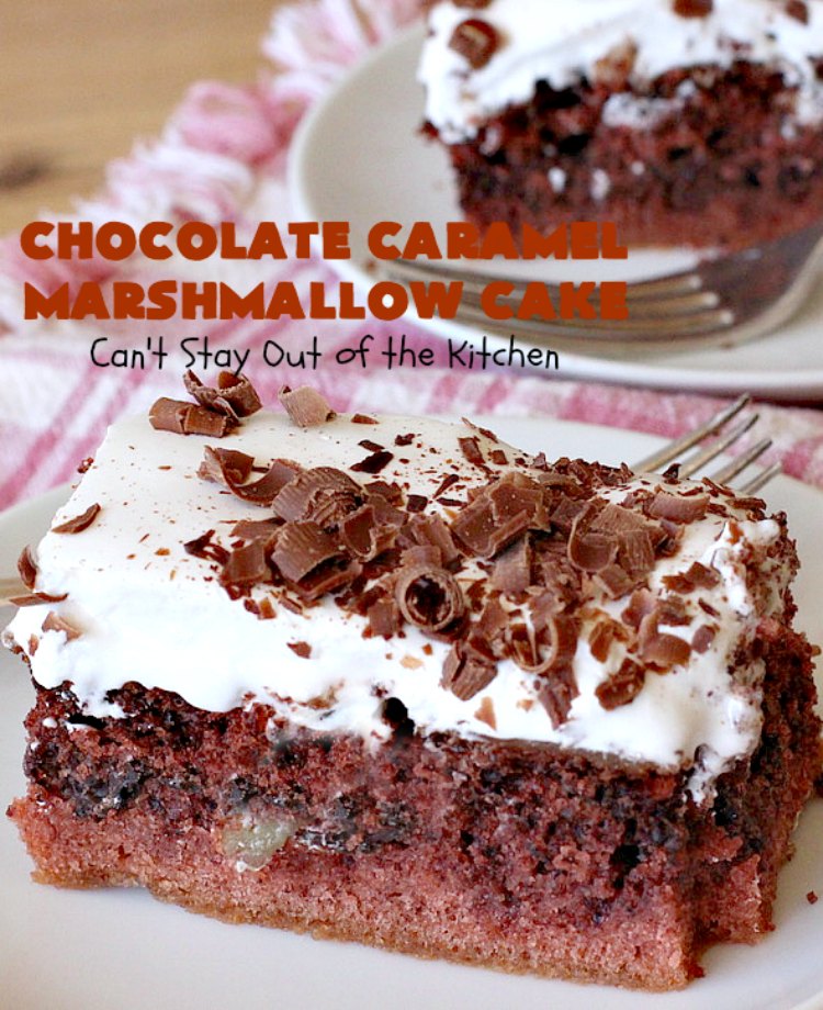 Chocolate Caramel Marshmallow Cake | this spectacular #chocolate #cake has a #caramel-like #praline filling & #marshmallow frosting. It's to die for! Terrific for company &  #holidays like #MothersDay or #FathersDay. #toffee #ChocolateCake #HolidayDessert #MothersDayDessert #FathersDayDessert #ChocolateCaramelMarshmallowCake #ChocolateDessert #CaramelDessert #ToffeeDessert #MarshmallowDessert