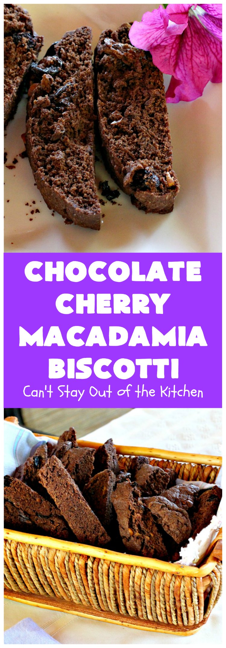 Chocolate Cherry Macadamia Biscotti | Enjoy a cup of coffee or tea with this fantastic #biscotti. It's made with dried #cherries, toasted #MacadamiaNuts & #chocolate! Excellent #breakfast idea for company or #holidays. #ChocolateCherryMacadamiaBiscotti