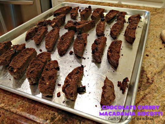 Chocolate Cherry Macadamia Biscotti | Enjoy a cup of coffee or tea with this fantastic #biscotti. It's made with dried #cherries, toasted #MacadamiaNuts & #chocolate! Excellent #breakfast idea for company or #holidays. #ChocolateCherryMacadamiaBiscotti