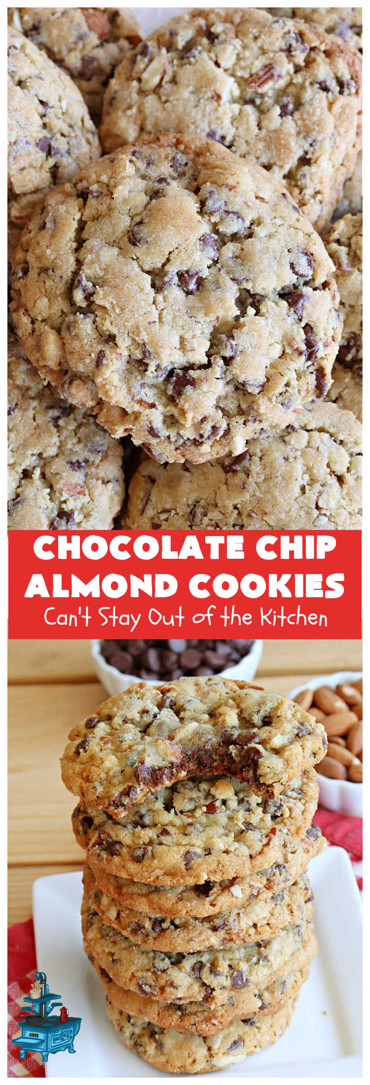 Chocolate Chip Almond Cookies | Can't Stay Out of the Kitchen | these fantastic #cookies are divine! They include 2 bags of miniature #ChocolateChips & chopped #almonds. They're crunchy, chocolaty and mammoth-sized. Wonderful for #tailgating or office parties, potlucks, soccer or hockey practice for your kids or backyard BBQs. Every bite is just perfect! #dessert #ChocolateDessert #chocolate #AlmondDessert #ChristmasCookieExchange #ChocolateChipAlmondCookies
