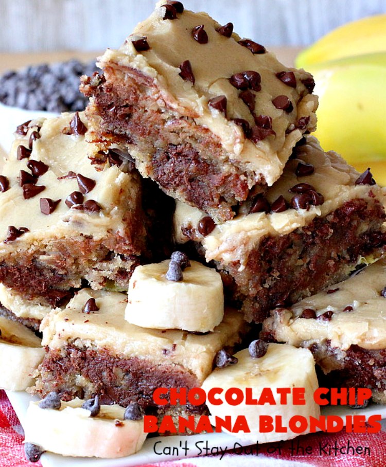 Chocolate Chip Banana Blondies | Can't Stay Out of the Kitchen | these fantastic #brownies will gob smack you from the first bite! You get a dose of #chocolate & use up overripe #bananas at the same time. Great #dessert for #tailgating parties, potlucks or summer #holiday activities. #cookie #pecans #ChocolateChips #ChocolateChipBananaBlondies