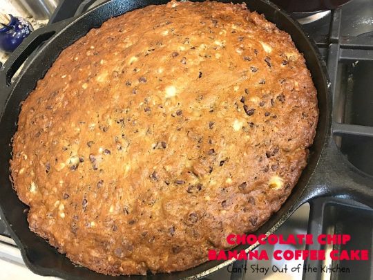 Chocolate Chip Banana Coffee Cake | Can't Stay Out of the Kitchen | this rich, decadent, chocolaty #CoffeeCake will knock your socks off. While we served it for #breakfast, it's also great as a #dessert. It's loaded with #bananas, #walnuts & miniature #ChocolateChips. It has a fudgy #chocolate glaze that amps up the flavors even more! #ChocolateChipBananaCoffeeCake #Holiday #HolidayBreakfast #Thanksgiving #Christmas #cake #ChocolateDessert #BananaDessert