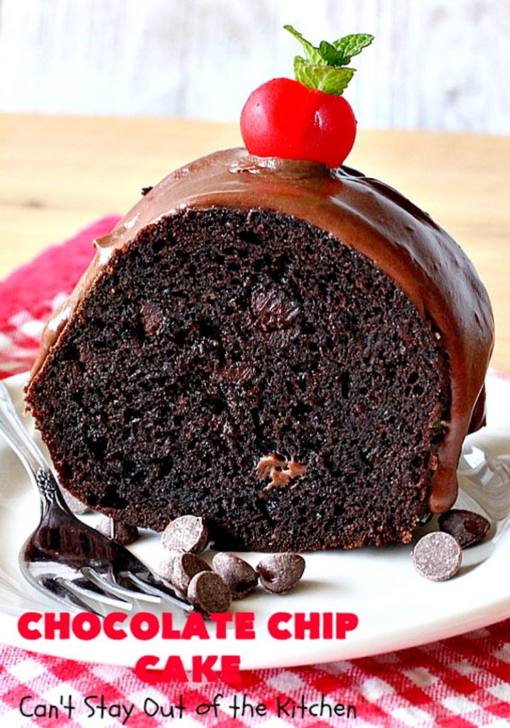 Chocolate Chip Cake | Can't Stay Out of the Kitchen | this lovely #chocolate #cake has triple the chocolate flavor with #CakeMix, #ChocolatePudding & chocolate chips. It's so quick & easy to make, too. Everyone always loves it! #Dessert #ChocolateCake #ChocolateDessert #ChocolateChipCake #ChocolateChipDessert #EasyChocolateCake #ValentinesDay #ValentinesDayDessert