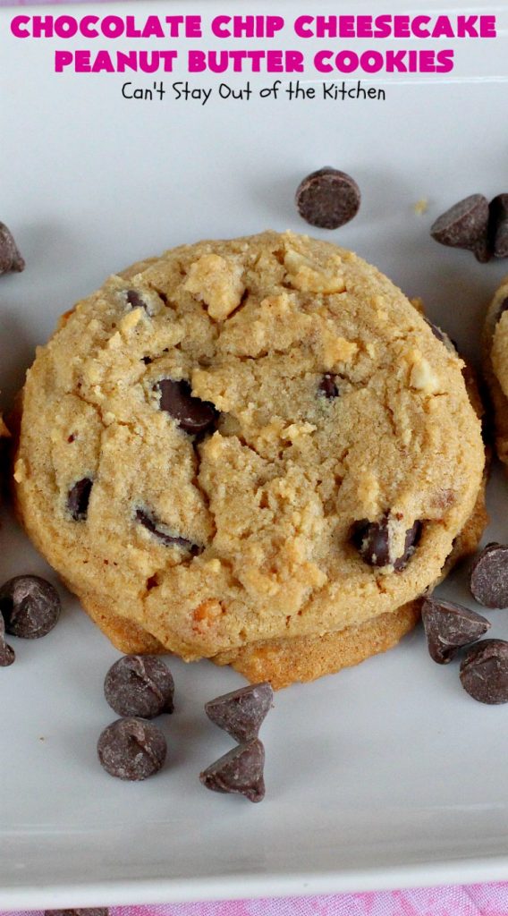Chocolate Chip Cheesecake Peanut Butter Cookies | Can't Stay Out of the Kitchen | these #cookies are awesome! They have crunchy #PeanutButter, #ChocolateChips & #cheesecake #JellO in the the batter. Amazing for #tailgating parties, potlucks, backyard BBQS or #ChristmasCookieExchanges. #dessert #ChocolateDessert #PeanutButterDessert #CheesecakeDessert #HolidayDessert #chocolate