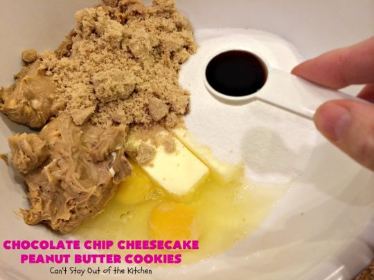 Chocolate Chip Cheesecake Peanut Butter Cookies | Can't Stay Out of the Kitchen | these #cookies are awesome! They have crunchy #PeanutButter, #ChocolateChips & #cheesecake #JellO in the the batter. Amazing for #tailgating parties, potlucks, backyard BBQS or #ChristmasCookieExchanges. #dessert #ChocolateDessert #PeanutButterDessert #CheesecakeDessert #HolidayDessert #chocolate