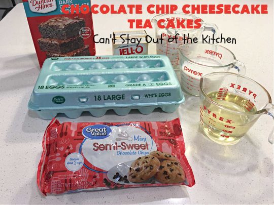 Chocolate Chip Cheesecake Tea Cakes | Can't Stay Out of the Kitchen | these scrumptious #TeaCakes are so easy to make since they start with a #chocolate #CakeMix. They include #Cheesecake #PuddingMix & miniature #ChocolateChips. These are a delectable treat for #holidays and #Christmas baking. Everyone will swoon over them! #dessert #ChocolateDessert #HolidayDessert #cake #ChocolateChipCheesecakeTeaCakes