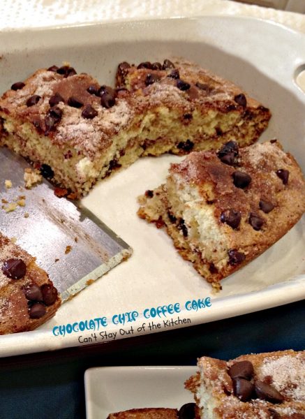 Chocolate Chip Coffee Cake | Can't Stay Out of the Kitchen | This scrumptious #coffeecake is filled with #cinnamon and #chocolatechips! Great for #holiday #breakfasts. #chocolate #cake