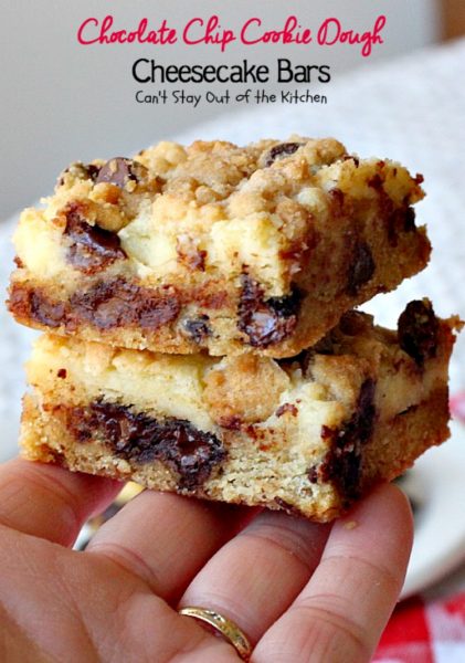 Chocolate Chip Cookie Dough Cheesecake Bars - Can't Stay Out of the Kitchen