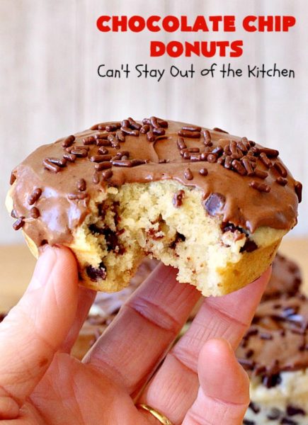 Chocolate Chip Donuts | Can't Stay Out of the Kitchen | these spectacular #donuts are filled with miniature #ChocolateChips. They're glazed with a #chocolate icing and sprinkled with chocolate #sprinkles on top. Mouthwatering #breakfast for #holidays like #MothersDay or #FathersDay. #HolidayBreakfast #FathersDayBreakfast #MothersDayBreakfast #ChocolateChipDonuts