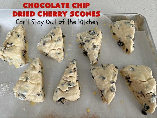Chocolate Chip Dried Cherry Scones | Can't Stay Out of the Kitchen | these fabulous #scones are filled with #ChocolateChips & #DriedCherries. The texture is softer and the scones are glazed with a rich, powdered sugar icing which makes them sweet & irresistible. Great #breakfast treat for weekends, company or a #holiday breakfast. Prepare to swoon from the first bite! #ChocolateChipDriedCherryScones #chocolate