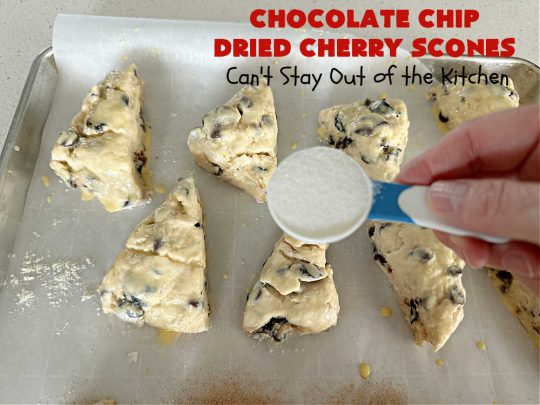 Chocolate Chip Dried Cherry Scones | Can't Stay Out of the Kitchen | these fabulous #scones are filled with #ChocolateChips & #DriedCherries. The texture is softer and the scones are glazed with a rich, powdered sugar icing which makes them sweet & irresistible. Great #breakfast treat for weekends, company or a #holiday breakfast. Prepare to swoon from the first bite! #ChocolateChipDriedCherryScones #chocolate