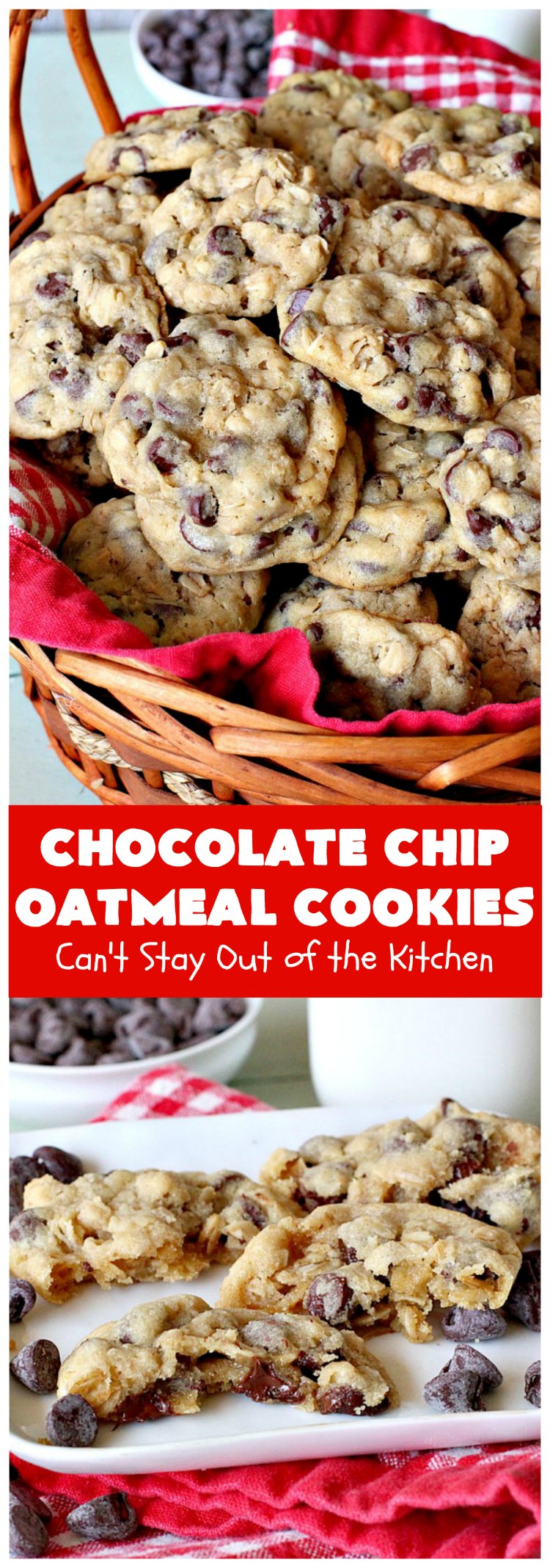 Chocolate Chip Oatmeal Cookies | Can't Stay Out of the Kitchen | these #cookies are the best of both worlds! The best #ChocolateChipCookies with the best #OatmealCookies. Mouthwatering & irresistible. #tailgating #dessert #ChocolateDessert #ChristmasCookieExchange #chocolate #ChocolateChips #oatmeal #Holiday #HolidayDessert #ChocolateChipOatmealCookies