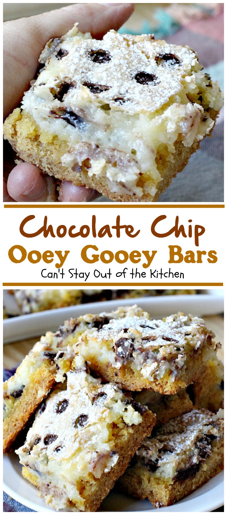 Chocolate Chip Ooey Gooey Bars | Can't Stay Out of the Kitchen | these luscious #blondies are ooey-gooey and so delicious. Wonderful for #holiday parties too. #dessert #chocolate