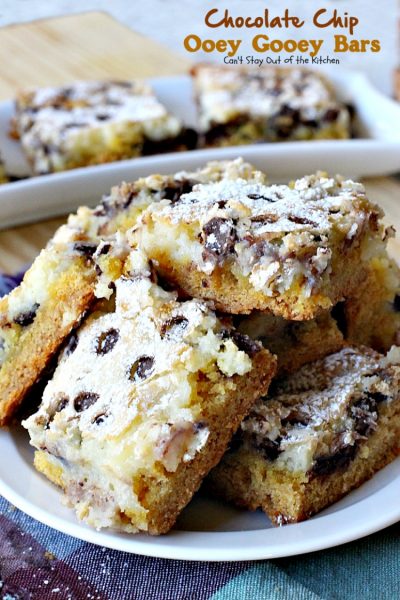 Chocolate Chip Ooey Gooey Bars | Can't Stay Out of the Kitchen | these luscious #blondies are ooey-gooey and so delicious. Wonderful for #holiday parties too. #dessert #chocolate