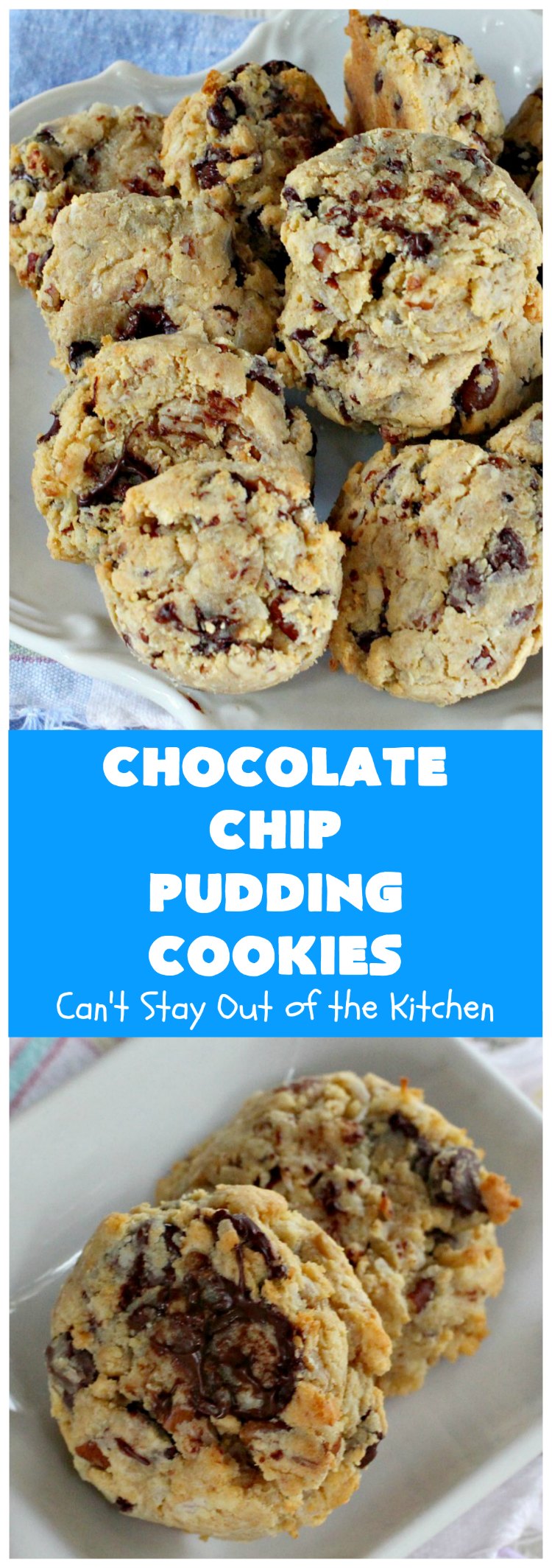 Chocolate Chip Pudding Cookies | Can't Stay Out of the Kitchen | these fabulous #cookies start with the famous #NanaimoBars so they're rich and decadent. They're filled with #chocolate chips, #coconut, #GrahamCracker crumbs, #pecans & buttercream icing made from vanilla pudding! Terrific for #tailgating or #holiday parties. #ChocolateChipPuddingCookies