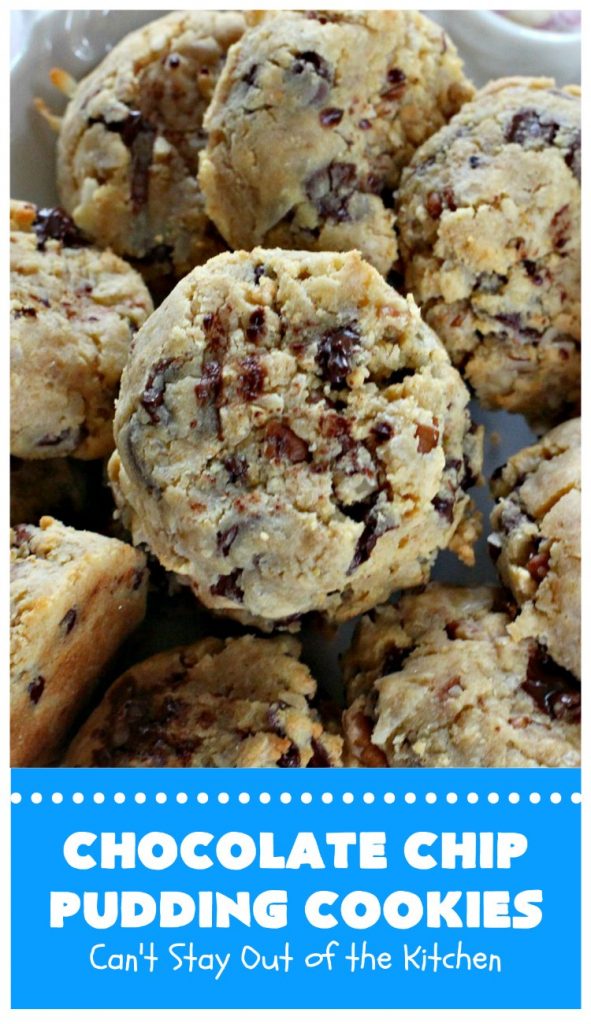 Chocolate Chip Pudding Cookies | Can't Stay Out of the Kitchen | these fabulous #cookies start with the famous #NanaimoBars so they're rich and decadent. They're filled with #chocolate chips, #coconut, #GrahamCracker crumbs, #pecans & buttercream icing made from vanilla pudding! Terrific for #tailgating or #holiday parties. #ChocolateChipPuddingCookies
