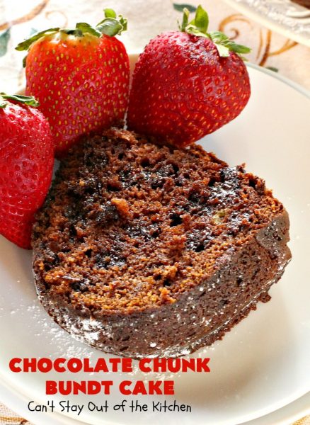 Chocolate Chunk Bundt Cake | Can't Stay Out of the Kitchen | this spectacular #BundtCake starts with a #cakemix & #chocolate #pudding mix. It uses only 7 ingredients so it's incredibly quick & easy. Perfect for #holidays like #Easter or #MothersDay. It's even great for #breakfast, especially if you like #chocolate! #ChocolateChips #cake #ChocolateCake #Holiday #HolidayDessert #Brunch #HolidayBreakfast #EasterBreakfast