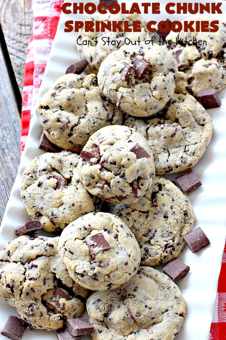 Chocolate Chunk Sprinkle Cookies | Can't Stay Out of the Kitchen | these outrageous #cookies are loaded with #chocolate chunks & chocolate #sprinkles. They use a #MrsFields #copycat cookie dough recipe so they're absolutely amazing. #dessert #tailgating