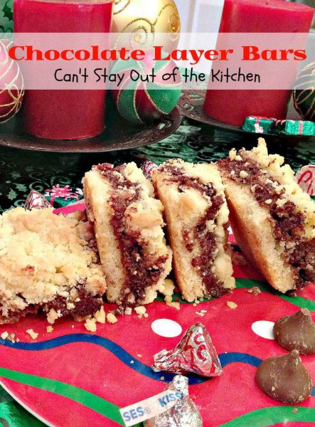 Chocolate Layer Bars | Can't Stay Out of the Kitchen | luscious layered #dessert with a #shortbread crust and topping filled with a #chocolate #creamcheese filling, #walnuts and #almond extract. #cookie #brownie