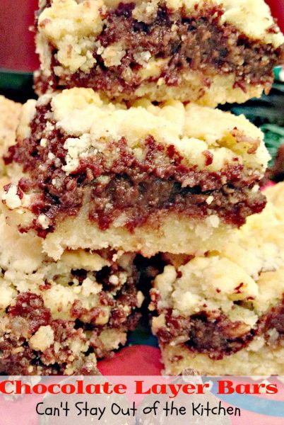 Chocolate Layer Bars | Can't Stay Out of the Kitchen | luscious layered #dessert with a #shortbread crust and topping filled with a #chocolate #creamcheese filling, #walnuts and #almond extract. #cookie #brownie