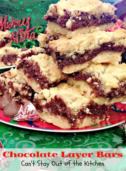 Chocolate Layer Bars | Can't Stay Out of the Kitchen | luscious layered #dessert with a #shortbread crust and topping filled with a #chocolate #creamcheese filling, #walnuts and #almond extract. #cookie #brownie