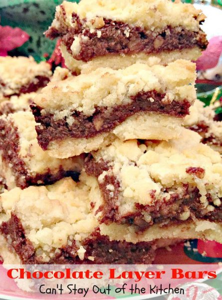 Chocolate Layer Bars | Can't Stay Out of the Kitchen | luscious layered #dessert with a #shortbread crust and topping filled with a #chocolate #creamcheese filling, #walnuts and #almond extract. #cookie #brownie