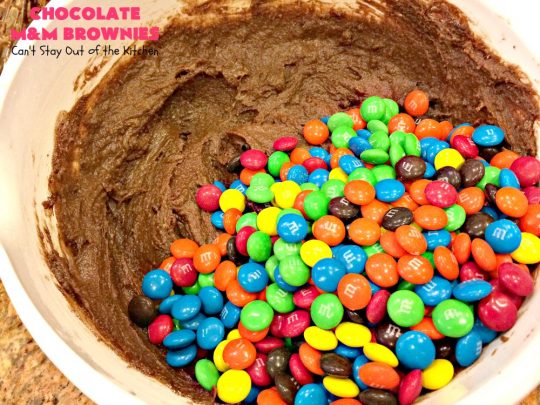 Chocolate M&M Brownies | Can't Stay Out of the Kitchen | these doubly delicious #brownies will have you drooling from the first bite. They're rich, decadent & filled with #MMs. Wonderful for #tailgating parties, potlucks or backyard BBQs. We enjoy them whenever we want a #ChocolateDessert! #dessert #MMDessert #FavoriteBrownieRecipe #BestBrownieRecipe